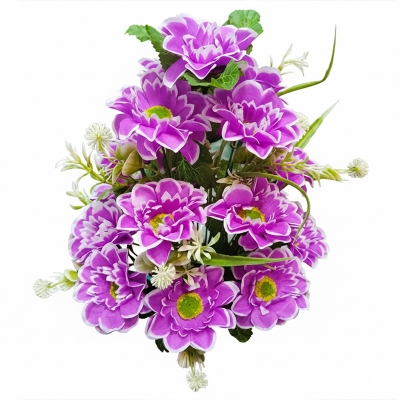 Picture of bouquet of artificial flowers, specifically purple dahlias, often used for decorative purposes in homes or businesses. 