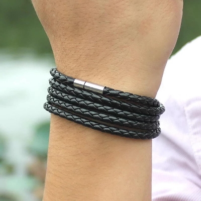 Picture of Bracelet Leather Wristband Interlaced Cuff Bangle 3 Wrap Around Rope Bracelet