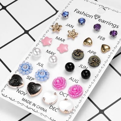 Picture of 12 Pairs New Fashion Assorted Crystal Druzy Resin Stone Round Earrings Set