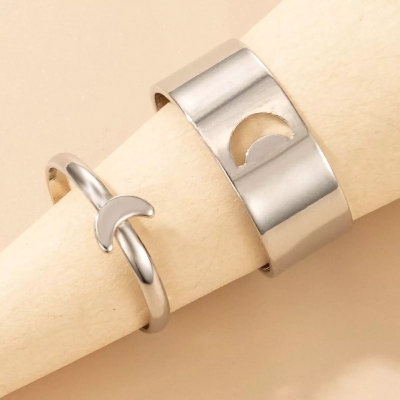Picture of LOVE King & Queen Couple Ring Set In Titanium Hart Colour - golden