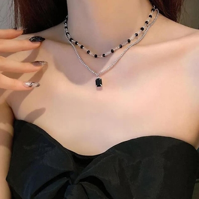 Picture of Choker Necklace for Women Double Layer Beads Necklace Gift for Friend Silver Color Geometric Necklace Wholesale Collar Jewelry