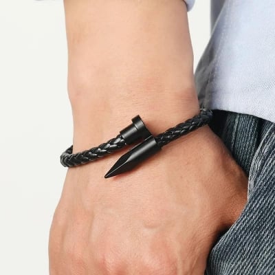 Picture of Stylish Addition - Nail Bracelet Men Titanium Steel Leather Rope Bracelet Magnetic Braided Bracelet - Sustainable Choice