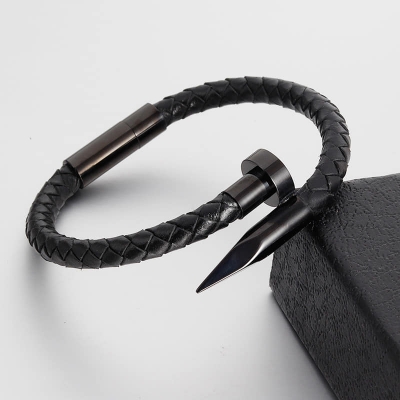 Picture of Premium Quality - Nail Bracelet Men Titanium Steel Leather Rope Bracelet Magnetic Braided Bracelet - Trend and Need full