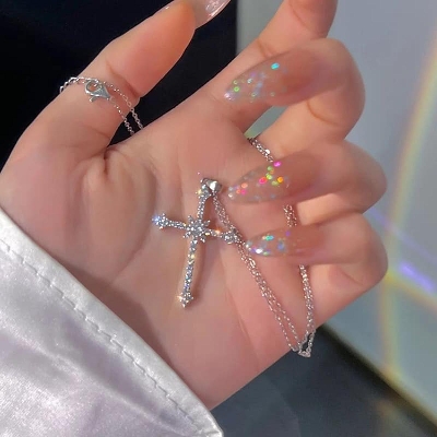 Picture of Silver Starry Cross Necklace For Women Cool Sweet Popular Design High Quality Necklace Chain For Women