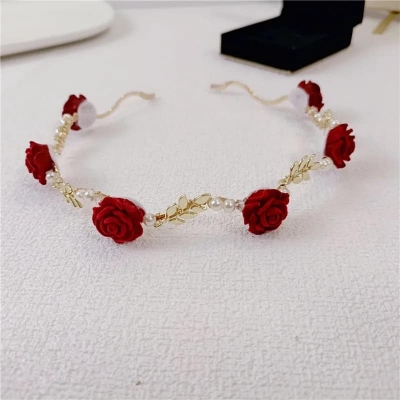 Picture of Understated -Rose Pearl Headband Hair Accessories Headdress Girls Vintage Metal Flower Pearl Red White Rose Tiara Hairbands- Progressively Better