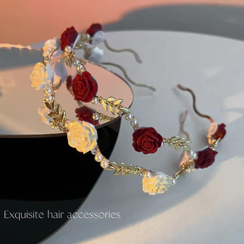 Picture of Understated -Rose Pearl Headband Hair Accessories Headdress Girls Vintage Metal Flower Pearl Red White Rose Tiara Hairbands- Progressively Better