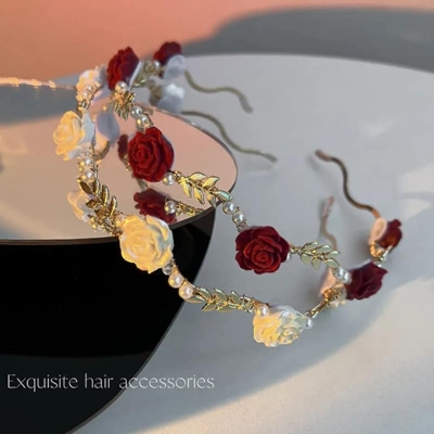 Picture of Understated -Rose Pearl Headband Hair Accessories Headdress Girls Vintage Metal Flower Pearl Red White Rose Tiara Hairbands- Progressively Better