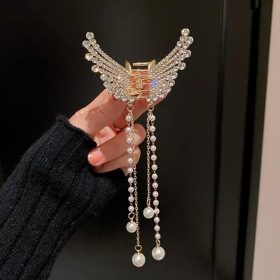 Picture of New Crystal Rhinestone Butterfly Pearl Tassel Hairpin Korean Simple Side Clip Liu Hai Clip Shark Hairpin Hair Accessories Women
