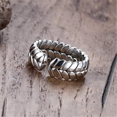 Picture of Stainless Steel Retro Wheat Braided Rings for Men Cool Leaf Finger Rings Boyfriend Gifts Punk Biker Open Rings Male Jewelry