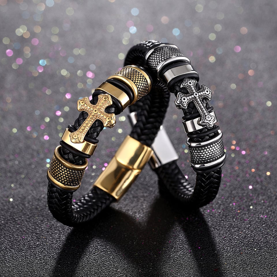 Picture of Men's Fashion Classic Black Woven Leather Inlaid Cross Magnetic Bracelet