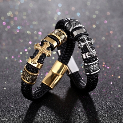 Picture of Men's Fashion Classic Black Woven Leather Inlaid Cross Magnetic Bracelet