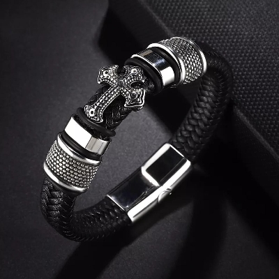 Picture of Style Leather Woven Cross High Quality Metal Leather Bracelet for Men