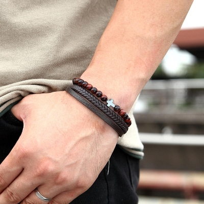 Picture of Personalized Men's Wrist Bracelet Jewelry with Cross Christian Religious Motif in Black with Wood Gift Box Boy Friend, Military, Preacher