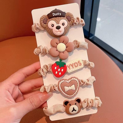 Picture of 5PCS Cute Flower Children Hair Ties Handmade Cloth Girl Bang Elastic Hair Bands Cartoon Kids Love Headwear Hair Accessories Set