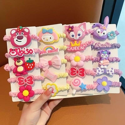 Picture of 5PCS Cute Flower Children Hair Ties Handmade Cloth Girl Bang Elastic Hair Bands Cartoon Kids Love Headwear Hair Accessories Set
