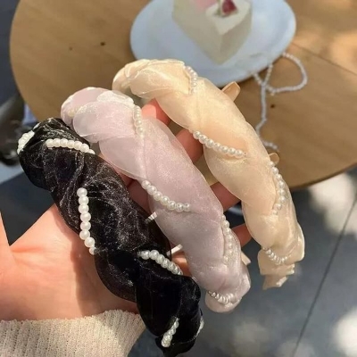 Picture of New Fashion White Pearl Pink Lace  French Hair Clip Headbands Hairbands  For Women