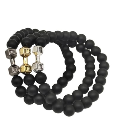 Picture of Refined Taste - Fit Life Black Matte Stone Dumbbell Shape Bracelet Fitness Motivation Gym for Men - Durabilty Assured - Iconic Style