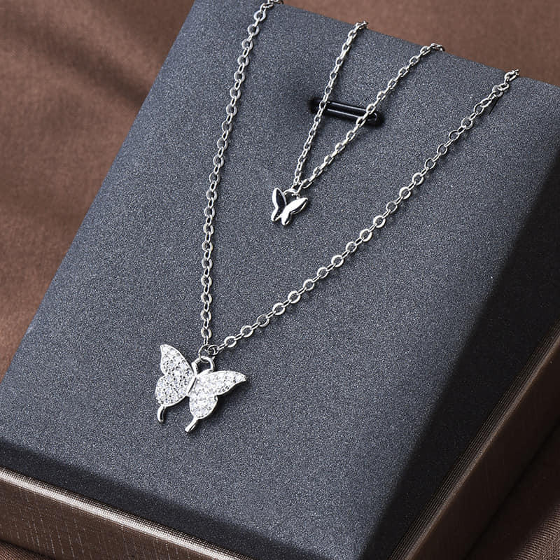 Picture of Silver Simple Brilliant Butterfly Pendant with Cubic Zirconia and Necklace