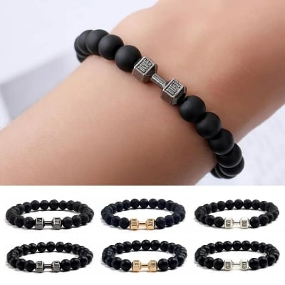 Picture of Stainless Steel  Black Stone Beaded Bracelet Fitness Fit Life Prayer Dumbbell Bracelets for Men