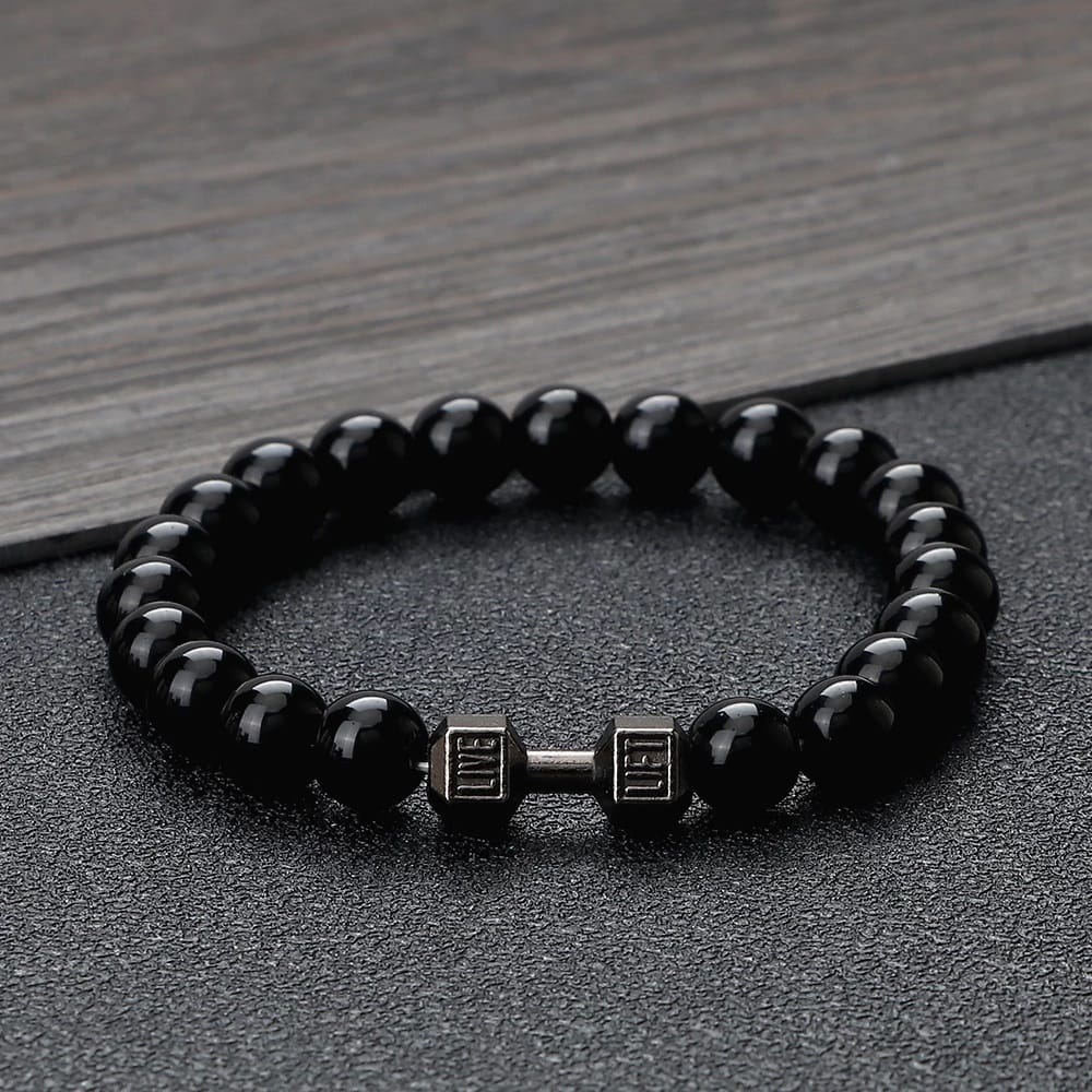 Picture of Stainless Steel  Black Stone Beaded Bracelet Fitness Fit Life Prayer Dumbbell Bracelets for Men