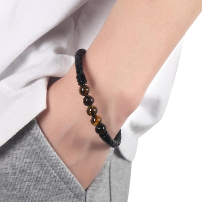Picture of Black Stainless Steel Magnetic Buckle Tiger's Eye Bracelet Jewellery for Men