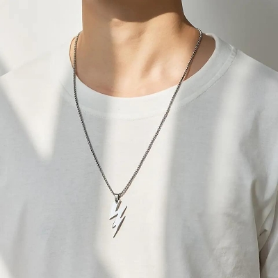 Picture of Men Lightning Bolts  Pendants Silver Color Stainless Steel Link Chain Fashion Jewelry Chain For Men/Gift for Men/Boys