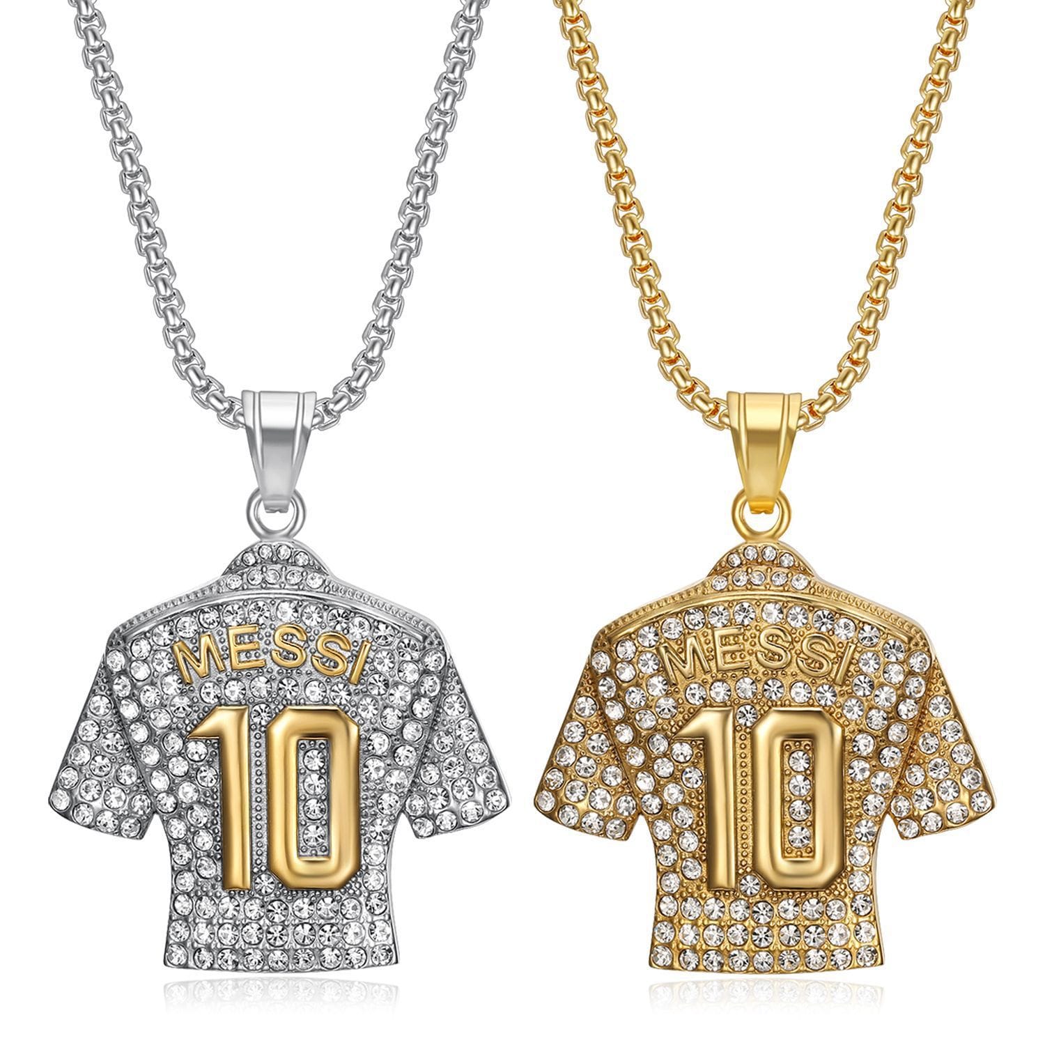 Picture of New Silver Golden Crystals Football MESSI Jersey Pendant Necklace Chain  for Men