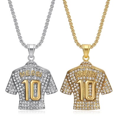 Picture of New Silver Golden Crystals Football MESSI Jersey Pendant Necklace Chain  for Men