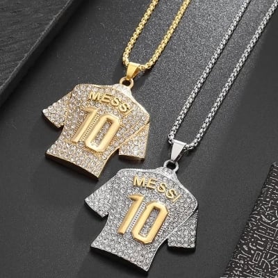Picture of New Silver Golden Crystals Football MESSI Jersey Pendant Necklace Chain  for Men