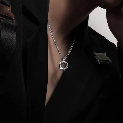Picture of Simple Style Pendant Male Hexagonal Star Pattern Titanium Steel Pendant Necklace for Men