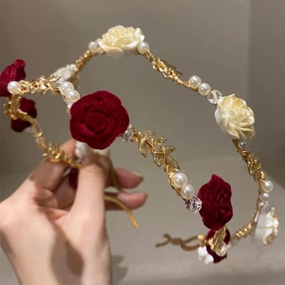 Picture of New Korean Crystal Flower Pearl Headband Beads Sweet Fashion Girl Thin Hair Band Hair Accessories