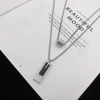 Picture of Black Silver   Enamel Natural Stone Pendant with Stainless Steel Box Chain Elegant Simple  Chain for Men