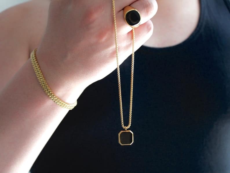 Picture of Square Natural Stone Stainless Steel Golden Metal Chain For Men