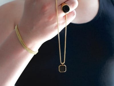 Picture of Square Natural Stone Stainless Steel Golden Metal Chain For Men