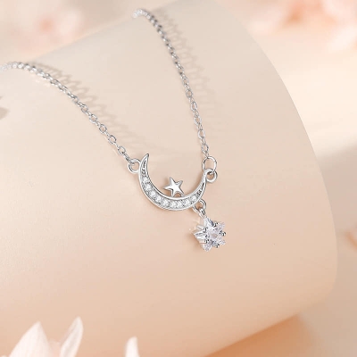 Picture of Korean Simple Pearl Star Moon Crystal Necklace Chain for Women