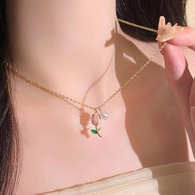 Picture of Cute Tulip Flower Shaped Pendant Peach Pearl Flower Chain For Women