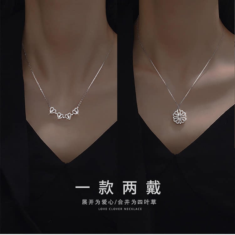 Picture of New Heart Shape Clover Pendant Nacklace  Four Heart Two Pendant Chain Magnetic for Women & Girls