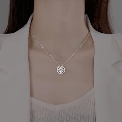 Picture of New Heart Shape Clover Pendant Nacklace  Four Heart Two Pendant Chain Magnetic for Women & Girls