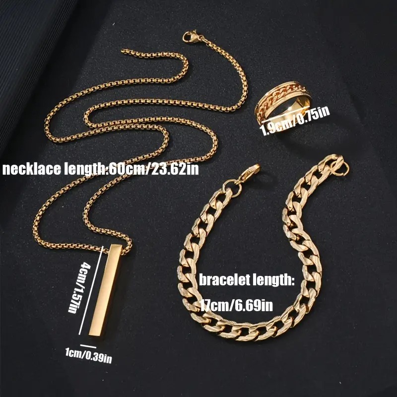 Picture of Golden Men's Sleek Stainless Steel Geometric Pendant Necklace -Necklace Bracelet & Ring Set for Men