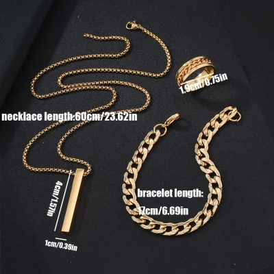 Picture of Golden Men's Sleek Stainless Steel Geometric Pendant Necklace -Necklace Bracelet & Ring Set for Men