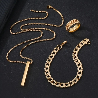 Picture of Golden Men's Sleek Stainless Steel Geometric Pendant Necklace -Necklace Bracelet & Ring Set for Men