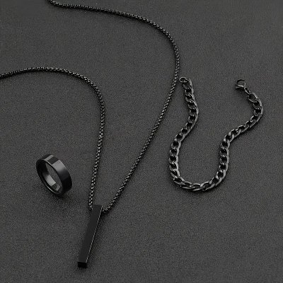 Picture of Stainless Steel Geometric Pendant Necklace -Necklace Bracelet & Ring Set for Men