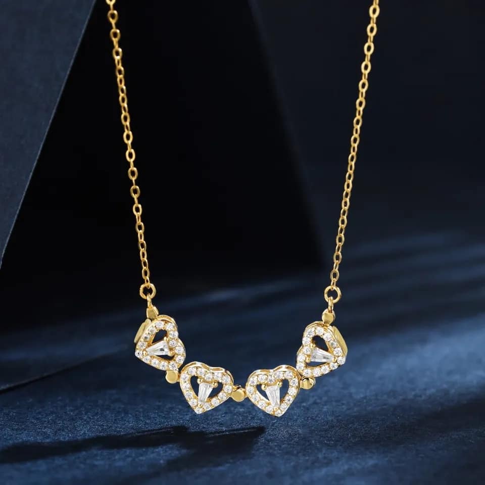 Picture of INTERNATIONAL Gold Foldable Pendant Necklace, Four Heart Two Diamond Pendant Chain Magnetic Leaf Shaped Necklace for Women & Girls