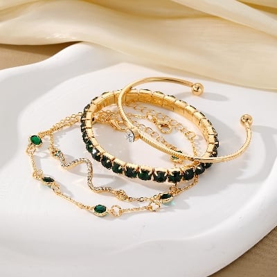 Picture of Green 4Pcs/Set Fashionable Snake Imitation Gemstone Bangle Rhinestone Full Metal Bracelet For Women - Bracelet For Women - Bracelet For Women