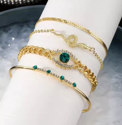 Picture of 4pcs/set Rhinestone Decor Bracelet Gold And Green For Women One Size