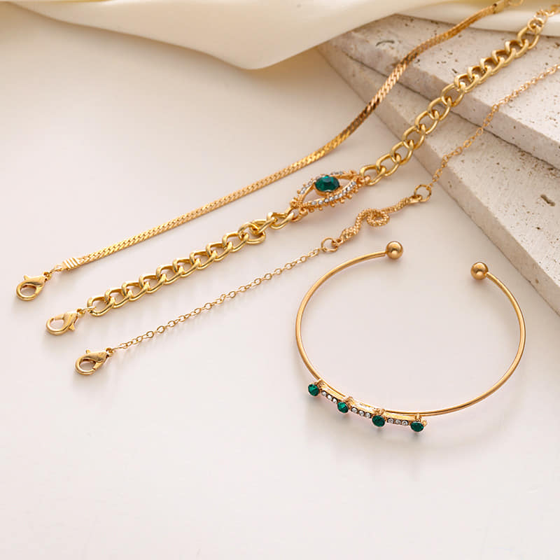 Picture of 4pcs/set Rhinestone Decor Bracelet Gold And Green For Women One Size