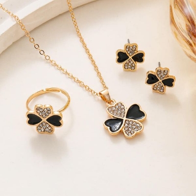 Picture of New Four Leaf Clover Jewelry Set, 4 Leaf Clover Pendant Necklace Earrings Ring Set,Adjustable Zirconia Clover Jewelry Sets Earring Set For Women