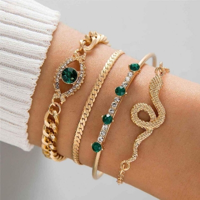 Picture of 4Pcs/Set Fashionable Snake Imitation Gemstone Bangle Rhinestone Full Metal Bracelet For  Women
