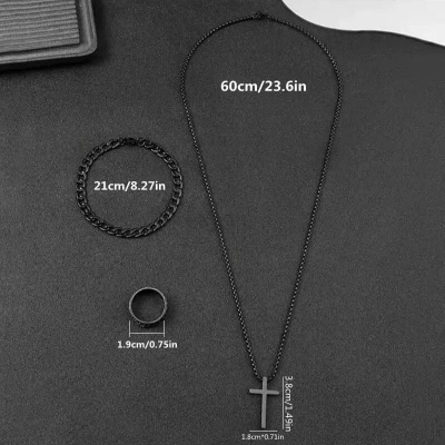Picture of Men's Sleek Stainless Steel Geometric Pendant Necklace -Necklace Bracelet & Ring Set for Men