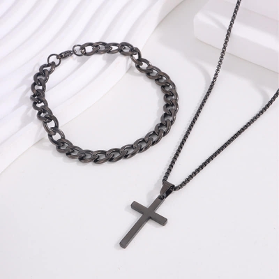 Picture of Men's Sleek Stainless Steel Geometric Pendant Necklace -Necklace Bracelet & Ring Set for Men